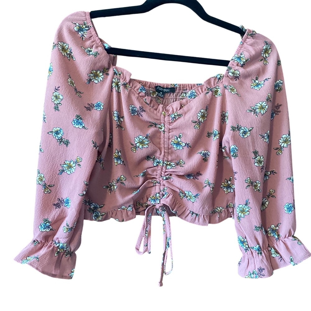 Papermoon Floral Crop Top Ruched Tie‎ Front Long Sleeve Blouse Size L